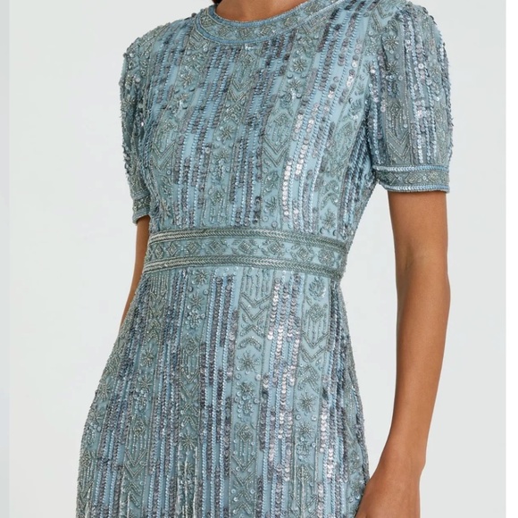 MAC DUGGAL 5980 HIGH NECK SHORT SLEEVE CRYSTAL FRINGE FRENCH BLUE MIDI DRESS 6 - Picture 3 of 5